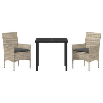 3-teiliges Garten-Essset mit Kissen Lichtgrau Poly-Rattan, Gartentisch Schwarz 80x80x73 cm mit Sicherheitsglas