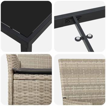 3-teiliges Garten-Essset mit Kissen Lichtgrau Poly-Rattan, Gartentisch Schwarz 80x80x73 cm mit Sicherheitsglas