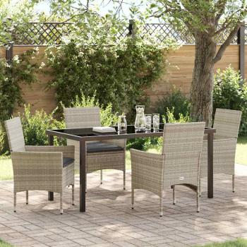 ARDEBO.de - 5-teiliges Garten Ess-Set mit Kissen in Hellgrau - Poly-Rattan, Gartentisch in Schwarz 160x80x73 cm mit Sicherheitsglas