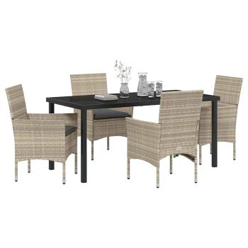 5-teiliges Garten Ess-Set mit Kissen in Hellgrau - Poly-Rattan, Gartentisch in Schwarz 160x80x73 cm mit Sicherheitsglas