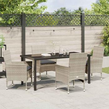 5-teiliges Garten Ess-Set mit Kissen in Hellgrau - Poly-Rattan, Gartentisch in Schwarz 160x80x73 cm mit Sicherheitsglas