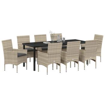 9 Teile Garten Essgruppe mit Kissen Hellgrau Poly Rattan, Gartentisch Schwarz 200x80x73 cm Sicherheitsglas