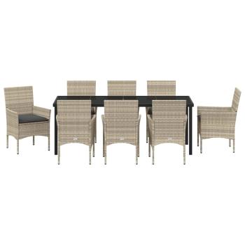 9 Teile Garten Essgruppe mit Kissen Hellgrau Poly Rattan, Gartentisch Schwarz 200x80x73 cm Sicherheitsglas