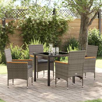 ARDEBO.de - 5-teiliges Garten Essen Set mit Kissen Grau Poly-Rattan, Gartentisch Schwarz 80x80x73 cm Sicherheitsglas