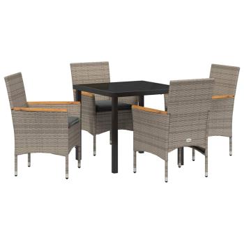 5-teiliges Garten Essen Set mit Kissen Grau Poly-Rattan, Gartentisch Schwarz 80x80x73 cm Sicherheitsglas