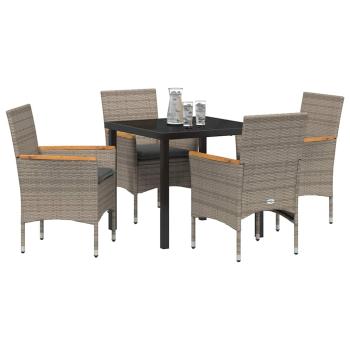 5-teiliges Garten Essen Set mit Kissen Grau Poly-Rattan, Gartentisch Schwarz 80x80x73 cm Sicherheitsglas