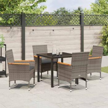 5-teiliges Garten Essen Set mit Kissen Grau Poly-Rattan, Gartentisch Schwarz 80x80x73 cm Sicherheitsglas