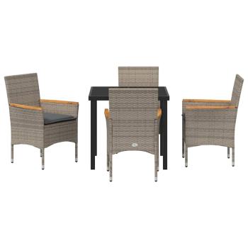 5-teiliges Garten Essen Set mit Kissen Grau Poly-Rattan, Gartentisch Schwarz 80x80x73 cm Sicherheitsglas