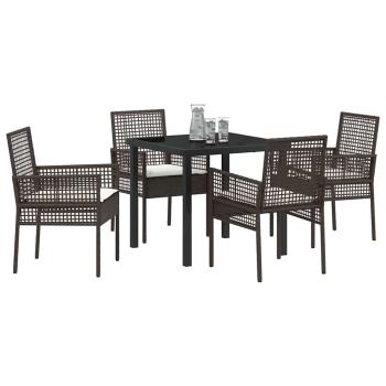 5-teiliges Garten Esszimmer Set mit Kissen Braun Poly Rattan