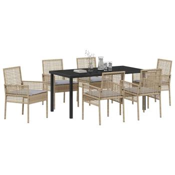 7-teiliges Garten Essset mit Kissen Beige Poly Rattan