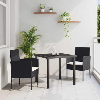ARDEBO.de - 3-teiliges Garten-Ess-Set mit Kissen - Schwarzes Poly-Rattan