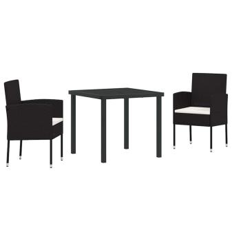 3-teiliges Garten-Ess-Set mit Kissen - Schwarzes Poly-Rattan