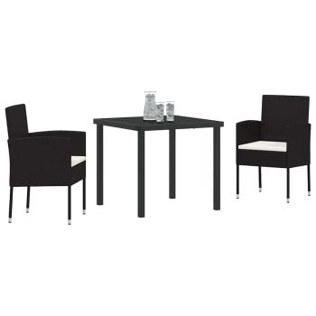 3-teiliges Garten-Ess-Set mit Kissen - Schwarzes Poly-Rattan