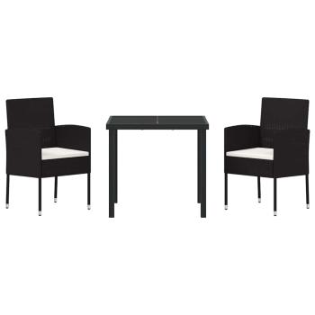 3-teiliges Garten-Ess-Set mit Kissen - Schwarzes Poly-Rattan