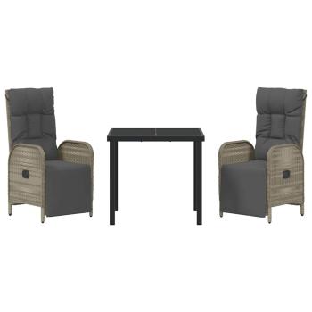 3-teiliges Garten-Esszimmer-Set mit Kissen Grau Poly-Rattan
