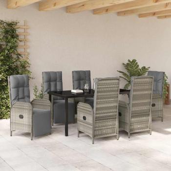 7-teiliges Gartenmöbelset mit Kissen in grauem Poly-Rattan