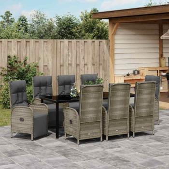 9-teiliges Garten-Ess-Set mit Kissen Grau Poly Rattan