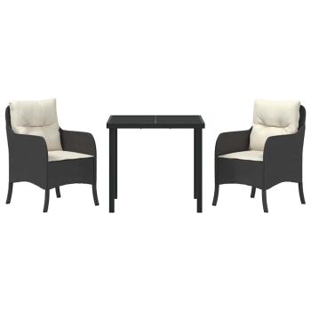 3-teiliges Garten-Dining-Set mit Kissen in Schwarz Poly Rattan