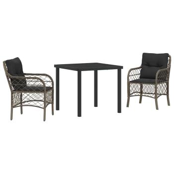3-teiliges Garten-Dining-Set mit Kissen Grau Poly Rattan