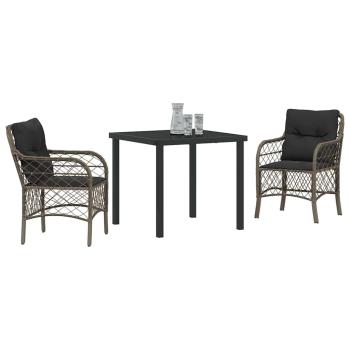3-teiliges Garten-Dining-Set mit Kissen Grau Poly Rattan