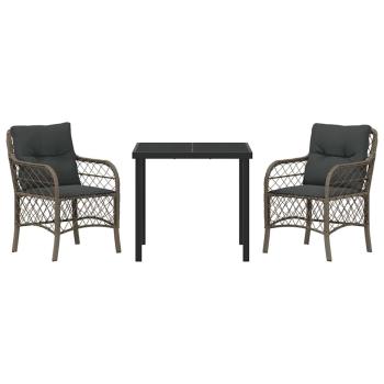 3-teiliges Garten-Dining-Set mit Kissen Grau Poly Rattan