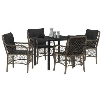 5-teiliges Gartentisch-Set mit Kissen Grau Poly Rattan