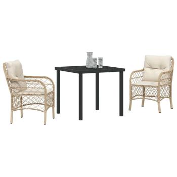 3-teiliges Garten-Essset mit Kissen Beige Poly-Rattan