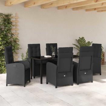 7-teiliges Garten-Esszimmer Set mit Kissen Schwarz Poly-Rattan