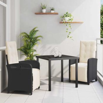 ARDEBO.de - 3-teilige Garten Essgruppe mit Kissen Schwarz Poly Rattan, Gartentisch Schwarz 80x80x73 cm Temperiertes Glas
