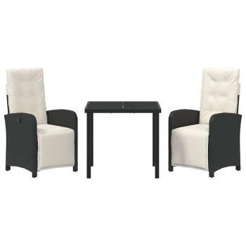 3-teilige Garten Essgruppe mit Kissen Schwarz Poly Rattan, Gartentisch Schwarz 80x80x73 cm Temperiertes Glas