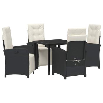5-teilige Garten Essgruppe mit Kissen Schwarz Poly Rattan, Gartentisch Schwarz 80x80x73 cm Sicherheitsglas
