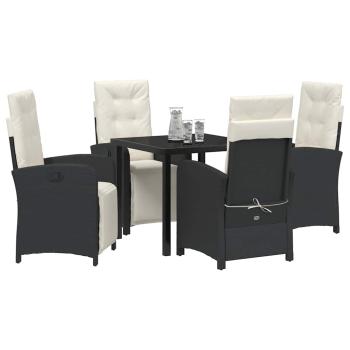 5-teilige Garten Essgruppe mit Kissen Schwarz Poly Rattan, Gartentisch Schwarz 80x80x73 cm Sicherheitsglas