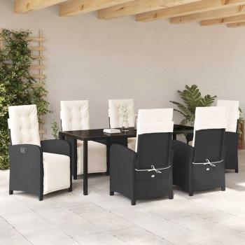 7-teiliges Gartenmöbelset mit Kissen in Schwarz Poly Rattan, Gartentisch Schwarz 200x80x73 cm Tempered Glass