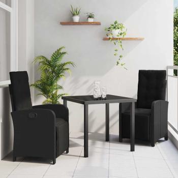 ARDEBO.de - 3-teilige Garten-Essgruppe mit Kissen aus schwarzem Poly-Rattan, Gartentisch Schwarz 80x80x73 cm mit gehärtetem Glas