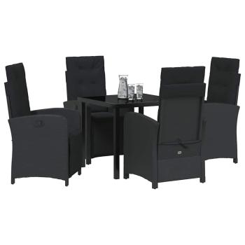 5-teiliges Gartenessset mit Kissen in Schwarz aus Poly-Rattan, Gartentisch Schwarz 80x80x73 cm mit Sicherheitsglas