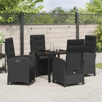 5-teiliges Gartenessset mit Kissen in Schwarz aus Poly-Rattan, Gartentisch Schwarz 80x80x73 cm mit Sicherheitsglas