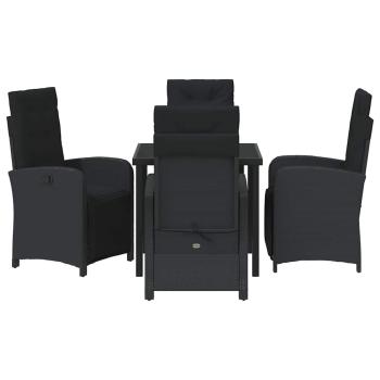 5-teiliges Gartenessset mit Kissen in Schwarz aus Poly-Rattan, Gartentisch Schwarz 80x80x73 cm mit Sicherheitsglas