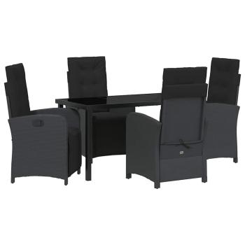 5-teiliges Garten Esszimmer Set mit Kissen Schwarz Poly-Rattan, Gartentisch Schwarz 140x80x73 cm Tempered Glass