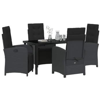 5-teiliges Garten Esszimmer Set mit Kissen Schwarz Poly-Rattan, Gartentisch Schwarz 140x80x73 cm Tempered Glass