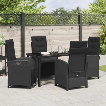 5-teiliges Garten Esszimmer Set mit Kissen Schwarz Poly-Rattan, Gartentisch Schwarz 140x80x73 cm Tempered Glass