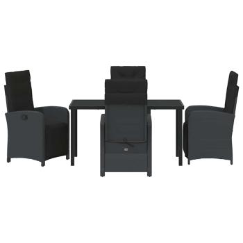 5-teiliges Garten Esszimmer Set mit Kissen Schwarz Poly-Rattan, Gartentisch Schwarz 140x80x73 cm Tempered Glass