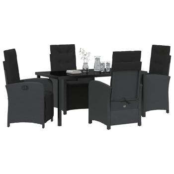 5-teiliges Garten Essset mit Kissen Schwarz Poly-Rattan, Gartentisch Schwarz 160x80x73 cm mit Sicherheitsglas