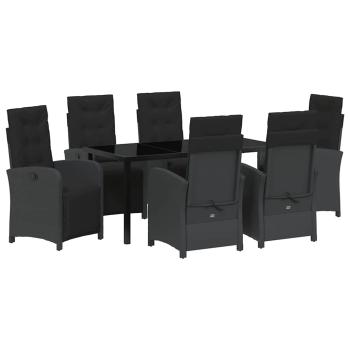 7-teilige Garten Essgruppe mit Kissen Schwarz Poly Rattan, Gartentisch Schwarz 160x80x73 cm Tempered Glass