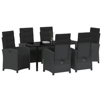 7-teilige Garten Essgruppe mit Kissen Schwarz Poly Rattan, Gartentisch Schwarz 160x80x73 cm Tempered Glass