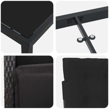 7-teilige Garten Essgruppe mit Kissen Schwarz Poly Rattan, Gartentisch Schwarz 160x80x73 cm Tempered Glass