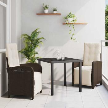 ARDEBO.de - 3-teiliges Garten Essset mit Kissen Braun Poly-Rattan, Gartentisch Schwarz 80x80x73 cm Gehärtetes Glas