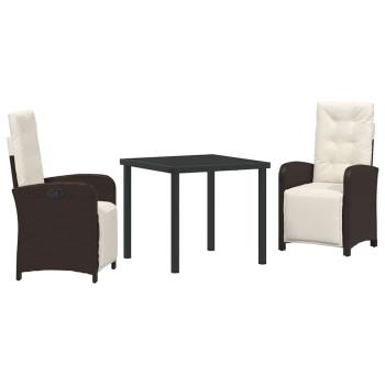 3-teiliges Garten Essset mit Kissen Braun Poly-Rattan, Gartentisch Schwarz 80x80x73 cm Gehärtetes Glas