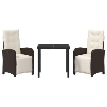 3-teiliges Garten Essset mit Kissen Braun Poly-Rattan, Gartentisch Schwarz 80x80x73 cm Gehärtetes Glas