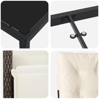 3-teiliges Garten Essset mit Kissen Braun Poly-Rattan, Gartentisch Schwarz 80x80x73 cm Gehärtetes Glas