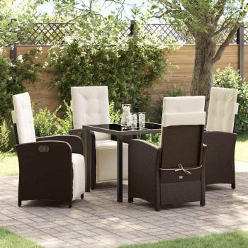 ARDEBO.de - 5-teiliges Garten-Ess-Set mit Kissen in Braun Rattan, Gartentisch Schwarz 80x80x73 cm aus gehärtetem Glas